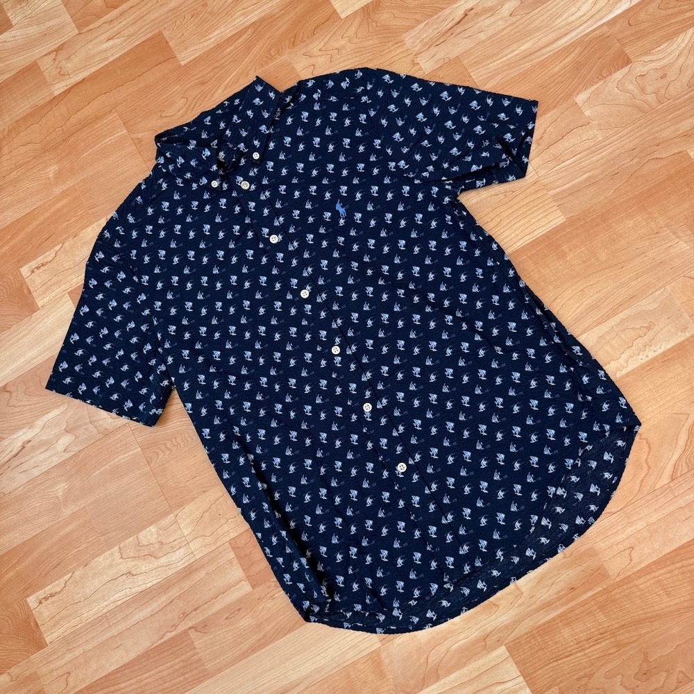 Polo Ralph Lauren Kids Navy Blue Fish Print Seersucker Short Sleeve Shirt 14-16